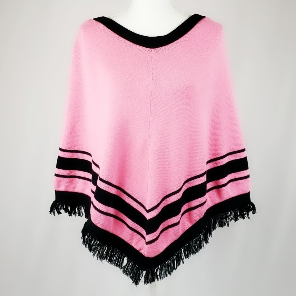 Relativity Fringe Cape Shawl Black Pink One Size
